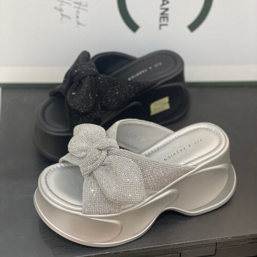 夏季厚底水钻蝴蝶结增高一字拖女