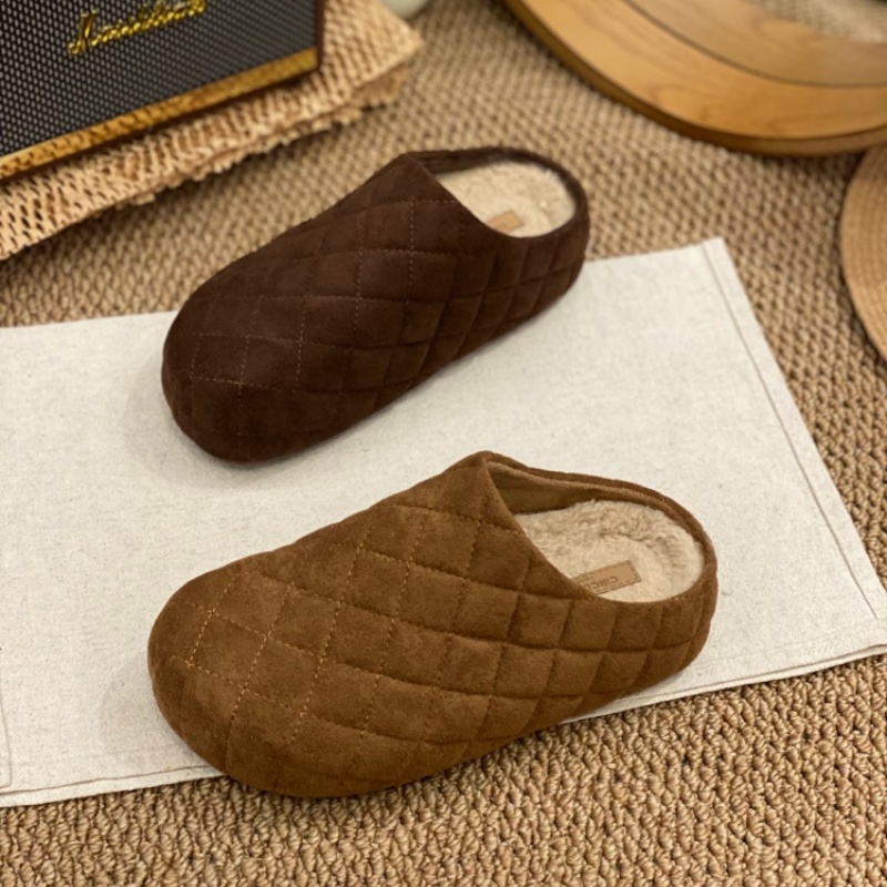 复古菱格纹勃肯鞋女2025冬季新款羊羔毛包头拖鞋一脚蹬软木底鞋女