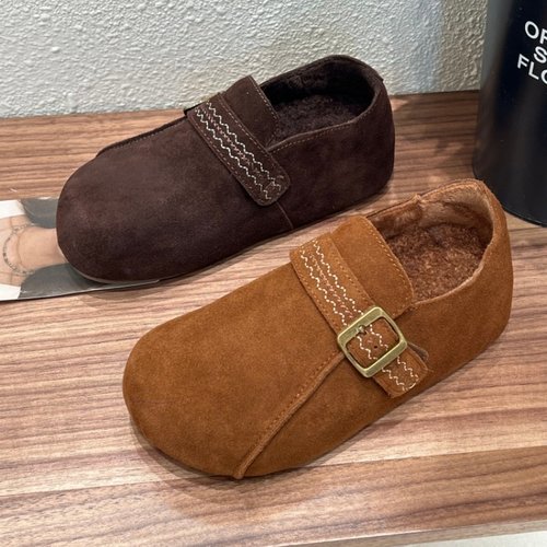 2025秋冬款反绒皮勃肯鞋女加绒磨砂保暖软底休闲金属扣带平底鞋女