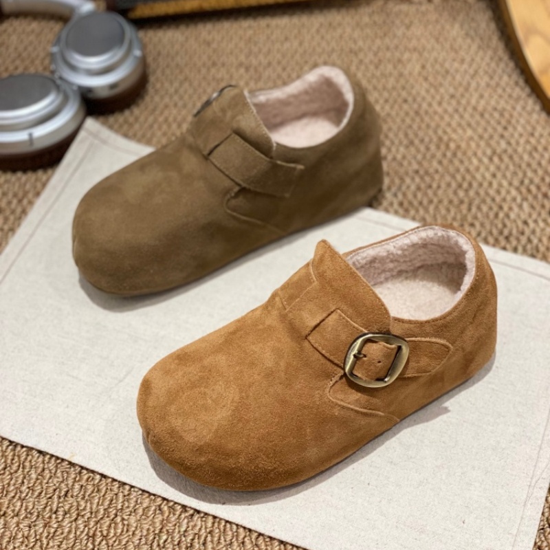 2025冬季新款反绒皮勃肯鞋女皮带扣圆头舒适平底休闲鞋懒人一脚蹬