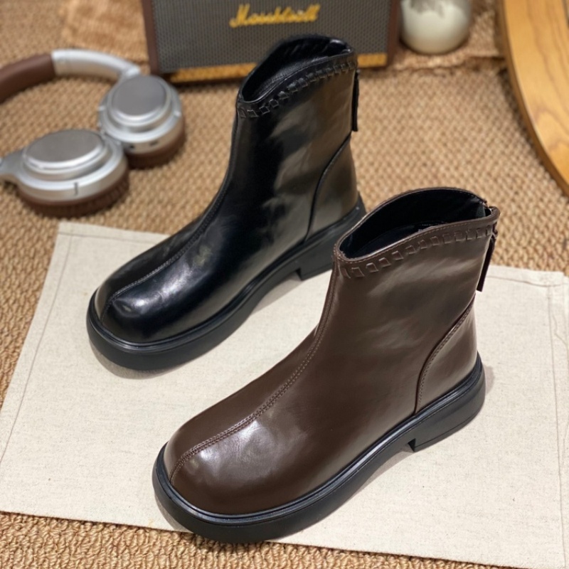 2025新款马丁靴女短筒粗跟舒适弹力后拉链百搭显瘦圆头厚底短靴女