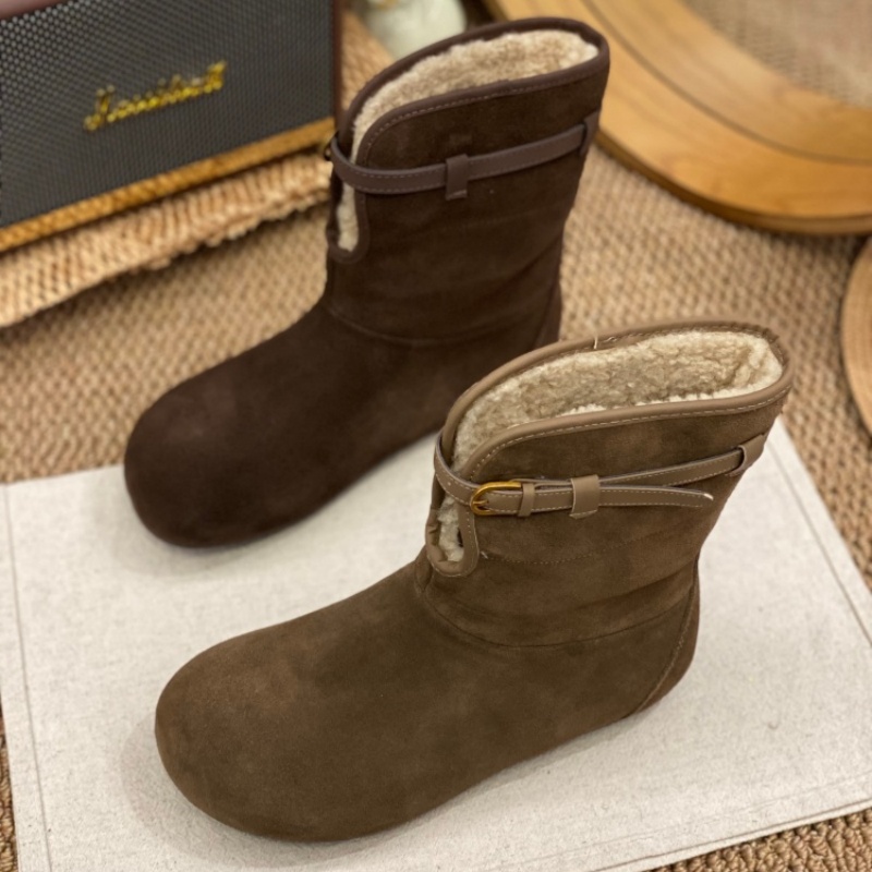 毛绒勃肯鞋女2025冬季新款皮带扣磨砂皮平底短靴加绒保暖雪地靴女