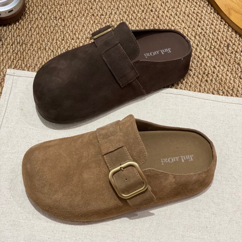 真皮勃肯鞋女2025新款磨砂皮包头平底圆头半拖外穿懒人鞋皮带装饰
