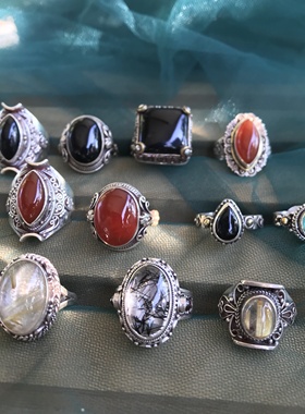 凉玥 尼泊尔手工复古宫廷风天然发晶玛瑙萤石925银戒指开口可调