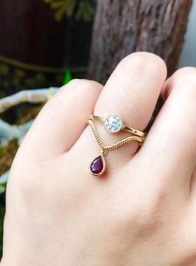 凉玥 定制款带证书莫桑钻18k黄金鸽血红碧玺组合戒指瘦手显手白长