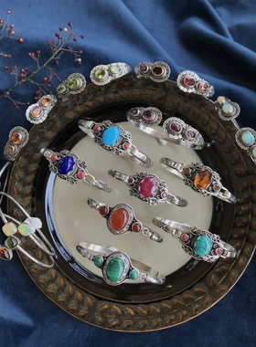 凉玥 尼泊尔手工精工红宝石欧泊橄榄石碧玺石榴石绿松925纯银手镯