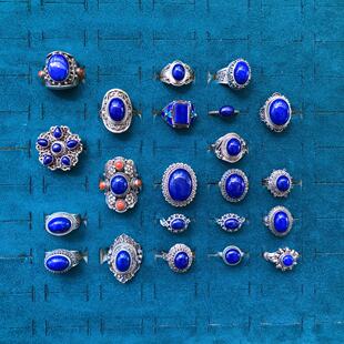 凉玥珠宝尼泊尔手工天然原矿青金石925纯银戒指复古宫廷个性男女