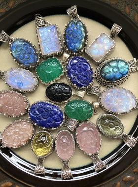 凉玥尼泊尔刻花月光石粉水晶柠檬绿水晶橙月光玛瑙拉长925银吊坠