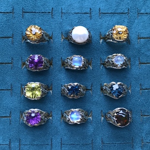尼泊尔天然紫黄水晶黑欧泊月光石珍珠伦敦蓝蓝托帕柠檬925银戒指
