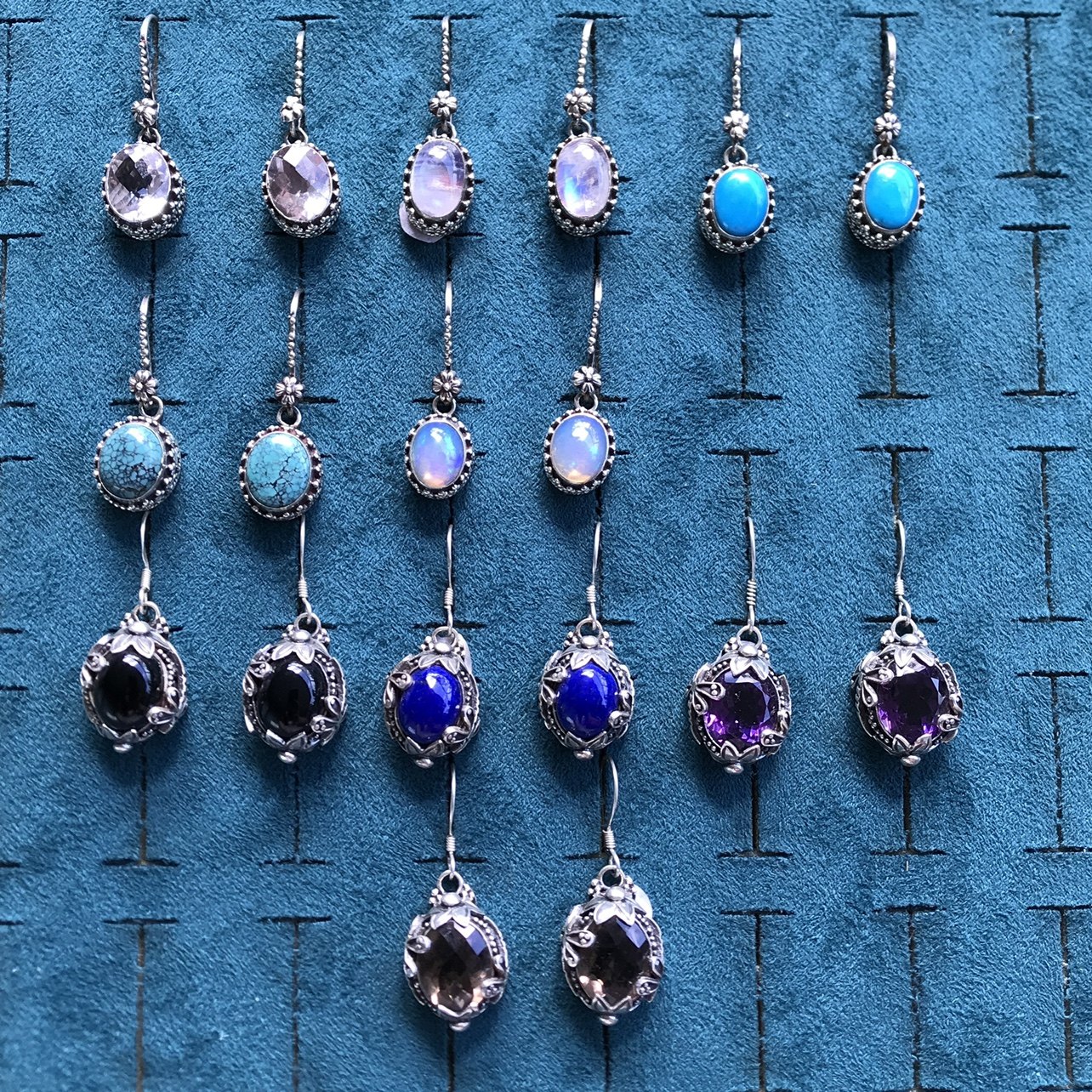 尼泊尔巴厘岛掐丝重工玛瑙紫水晶白水晶绿松石欧泊青金925银耳坠