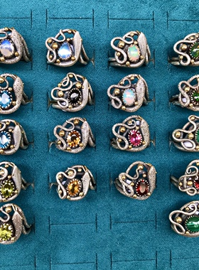 蛇年定制款手工灵蛇系列925银镀黄石榴石蓝托帕橄榄石月光石戒指