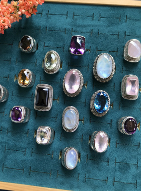 尼泊尔精工太后宫廷风重磅蓝托帕紫水晶月光粉晶玛瑙925银大戒指