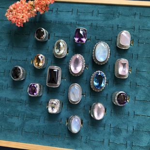 尼泊尔精工太后宫廷风重磅蓝托帕紫水晶月光粉晶玛瑙925银大戒指