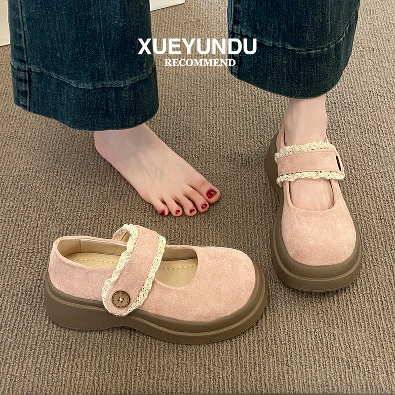 品牌复古百搭大头厚底浅口玛丽珍鞋女2025夏季新款森系可爱花边小