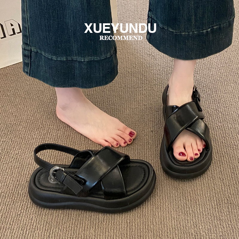 品牌悠闲夏日~韩版酷辣厚底踩屎感休闲面包凉鞋女时尚交叉带罗马