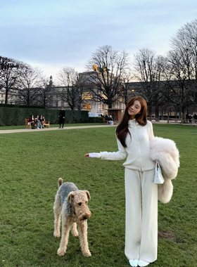 woppei松弛慵懒感定染针织套装女冬季拉链立领开衫休闲舒适直筒裤