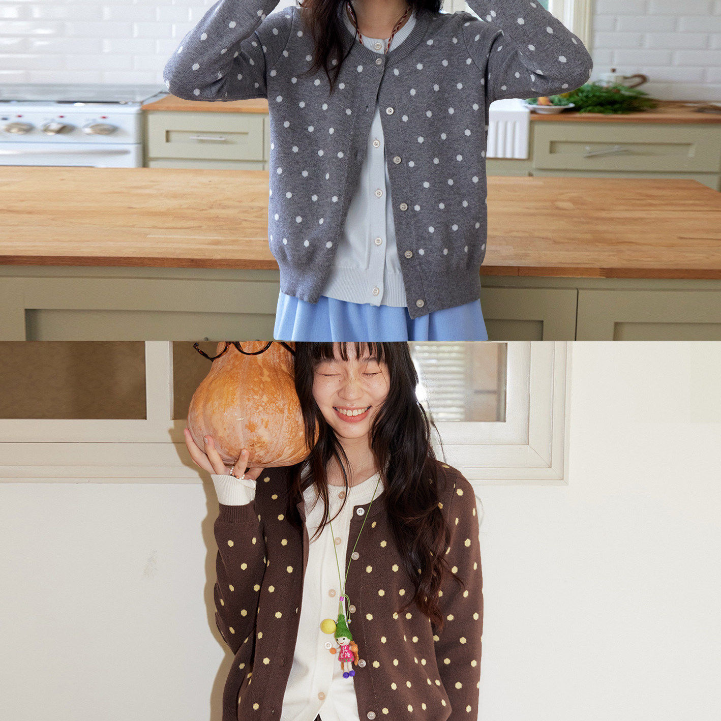 nothe Case「南瓜小镇」波点假两件针织开衫 双色毛衣外套女