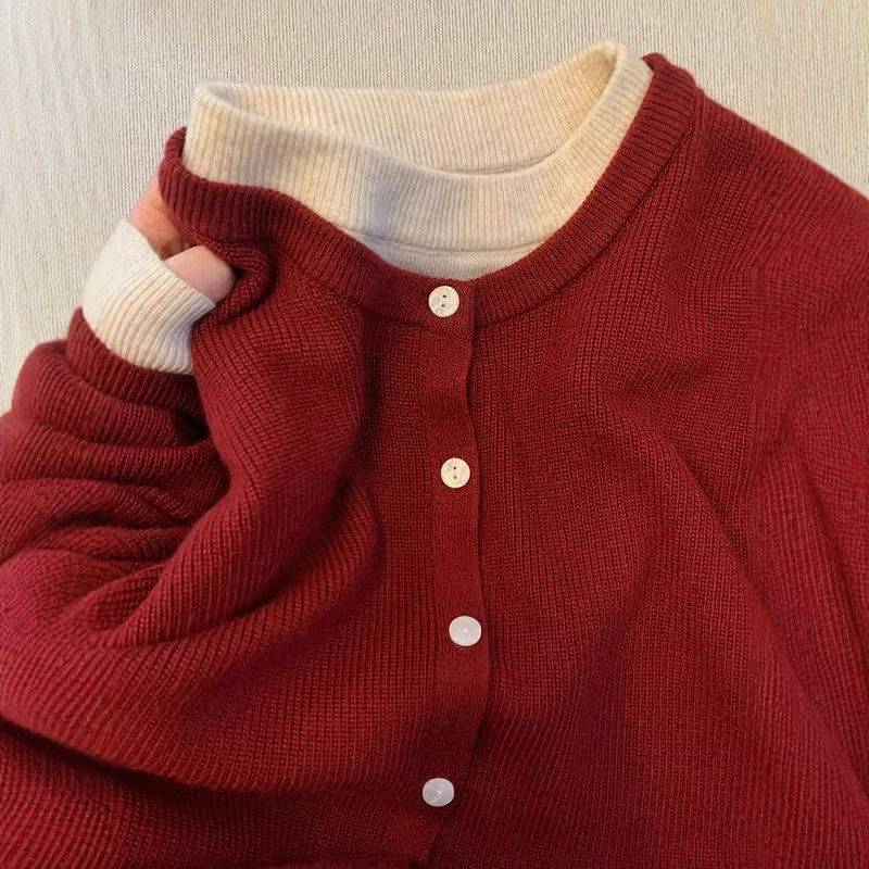 高级感假两件圆领红色针织衫女秋冬慵懒风宽松毛衣外套设计感上衣,个性定制/设计服务/DIY,棉服工装,淘宝优惠券,粉丝福利购,淘宝优惠卷