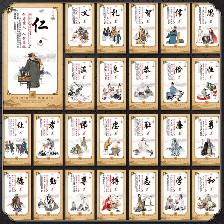 传统国学文化校园美德装饰画墙画挂图展板设计图CDR模板素材文件
