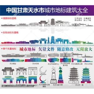 D110甘肃天水AI矢量地标旅游建筑海报设计线稿城市剪影手绘插画