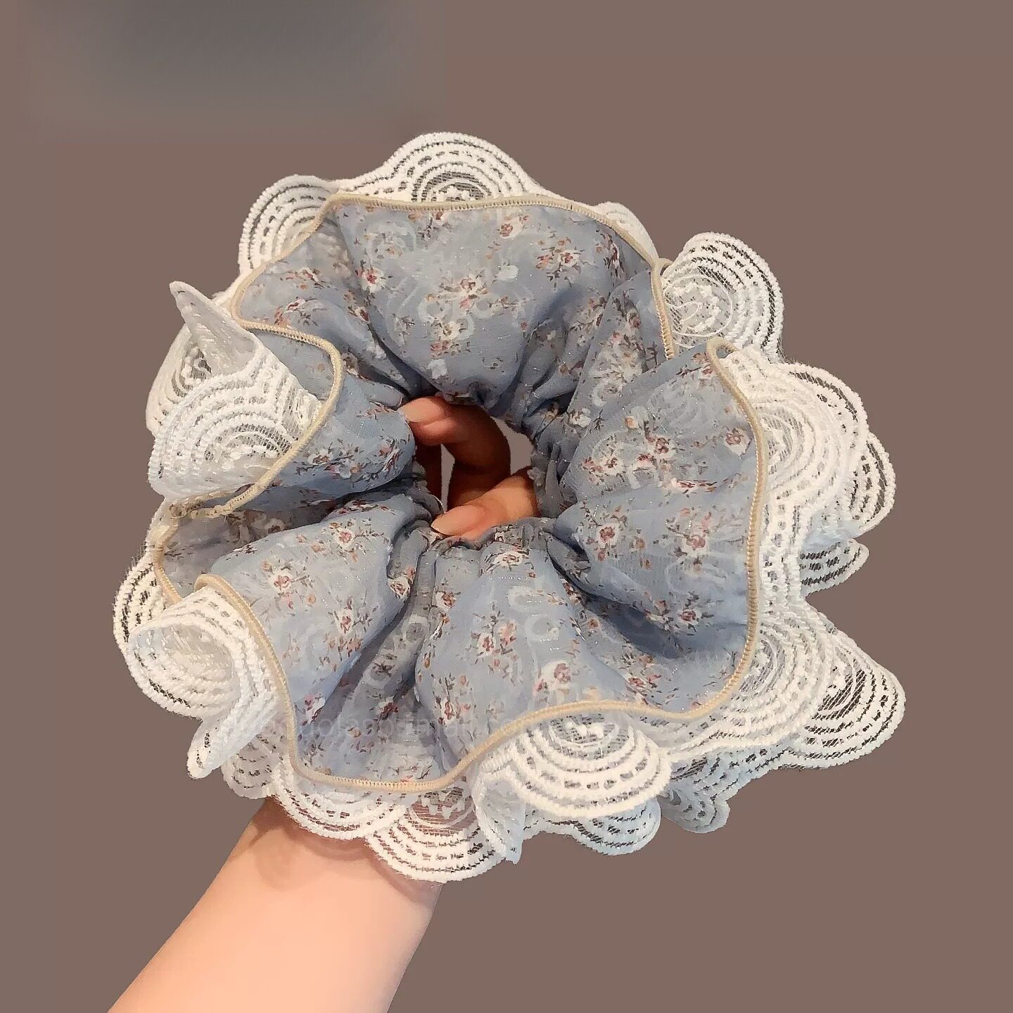 蓝色绢纱碎花大肠发圈蕾丝花边多层发绳女森系高级感洋气头花发饰