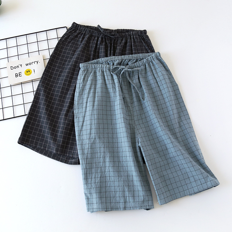 情侣格子纯棉睡裤男女士夏季薄款宽松大码家居服短裤五分裤可外穿