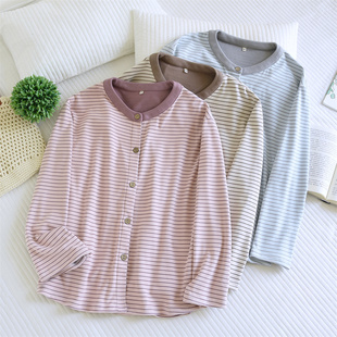 德绒上衣春秋冬季 家居服可外穿 女士睡衣条纹保暖磨毛休闲宽松大码