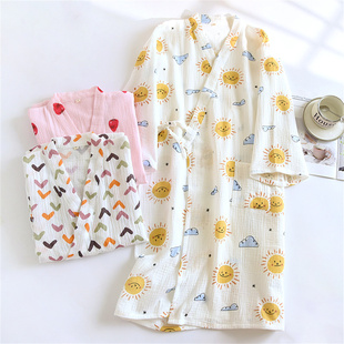 新款 宽松汗蒸浴袍家居服睡衣睡裙 和服睡袍女春秋夏季 纯棉纱布薄款