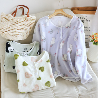 秋冬季法兰绒套头睡衣女加厚保暖