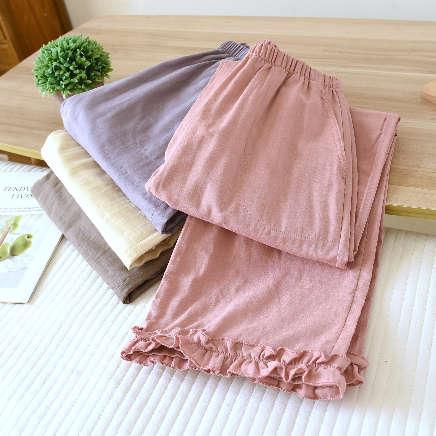 纯棉女睡裤简约家居长裤春夏季薄款宽松舒适大码全棉双层纱可外穿