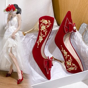 中式 红色婚鞋 夏季 高跟不累脚 女秀禾服婚纱两穿2023新款 结婚新娘鞋