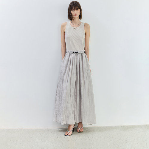 【商场同款】LILY2024夏新款女装设计感假两件复古拼接收腰连衣裙