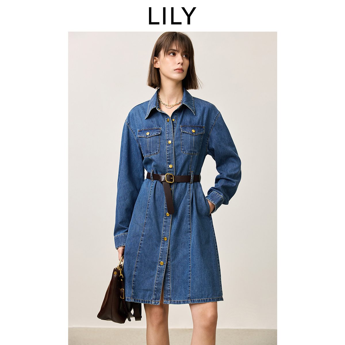 【商场同款】LILY2025春新款女装经典收腰休闲牛仔裙长袖连衣裙女