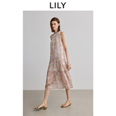 LILY2025夏新款 女装 复古度假风浪漫花卉宽松休闲挂脖连衣裙蛋糕裙