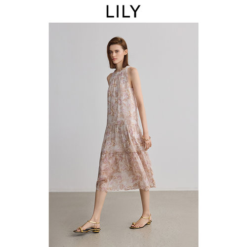 LILY2025夏新款女装复古度假风浪漫花卉宽松休闲挂脖连衣裙蛋糕裙
