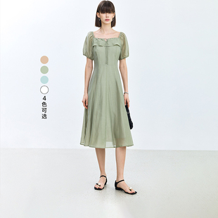 LILY2024夏新款女装浪漫微光复古方领泡泡袖长款收腰连衣裙仙女裙