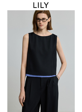 LILY2025夏新款女装简约无袖圆领拼接蓝色格纹休闲收腰背心套头衫