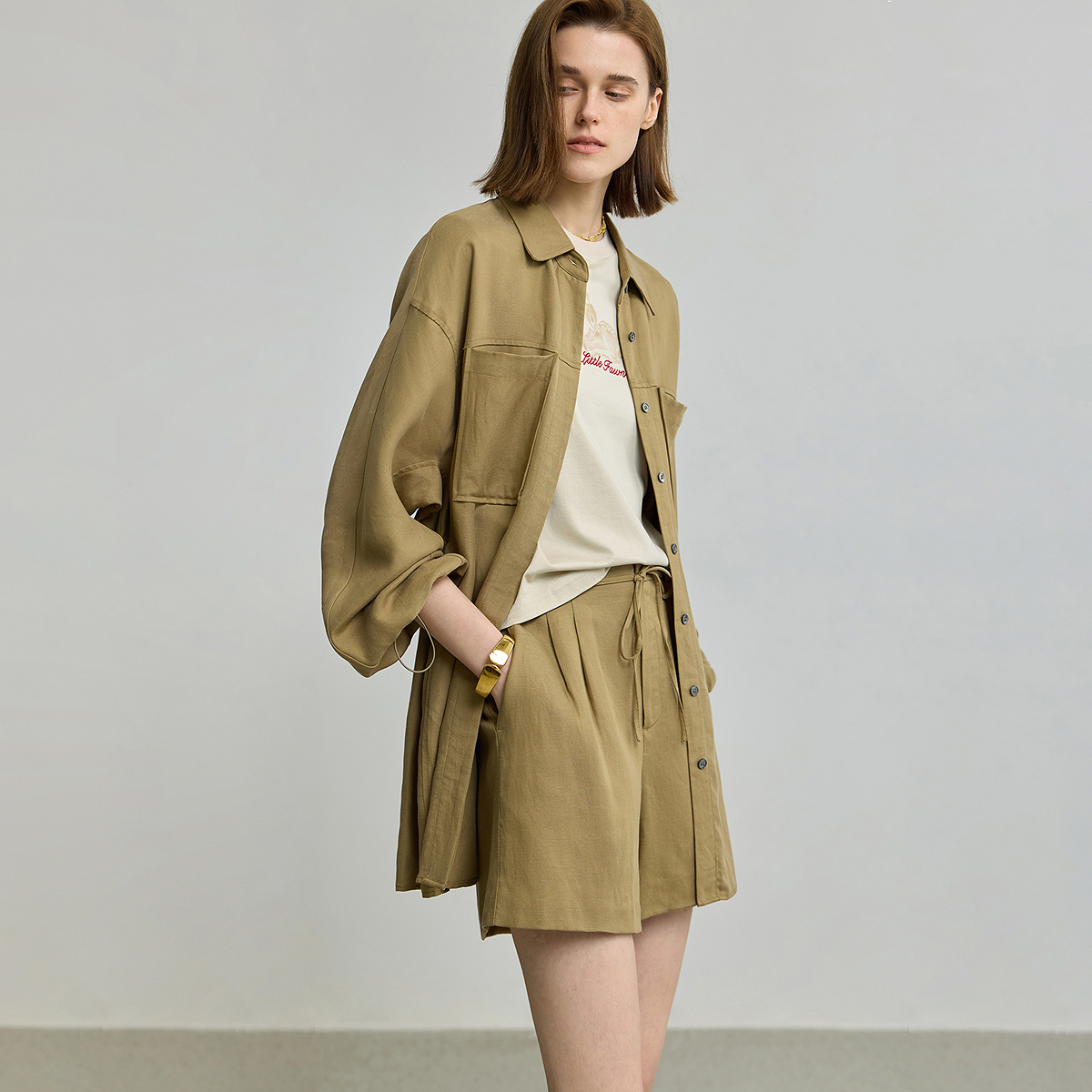 【商场同款】LILY2025秋新款莱赛尔亚麻小翻领宽松休闲长袖外套女