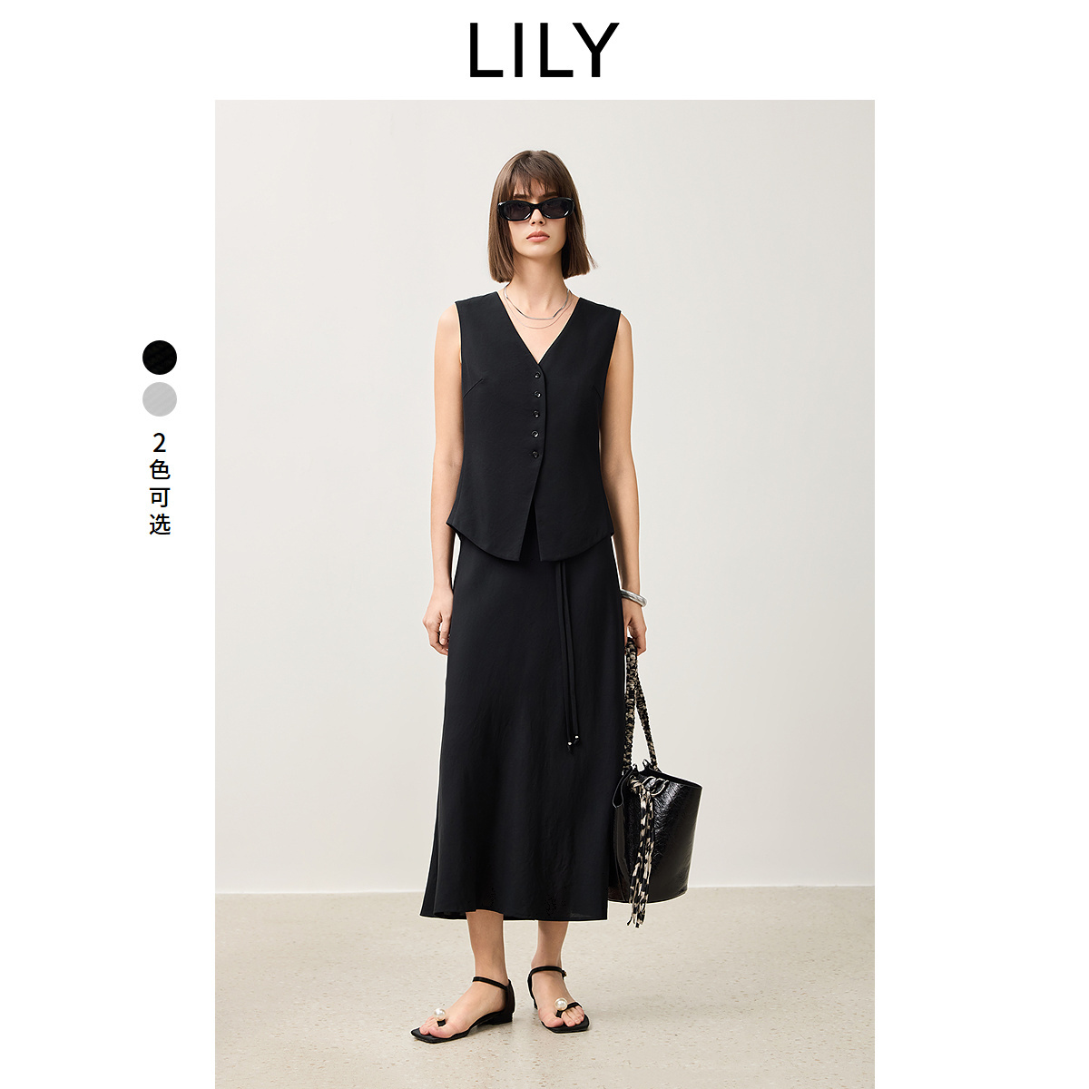 【LILY时光小黑裙】商场同款2025春新款女装醋酸绵羊毛马甲连衣裙