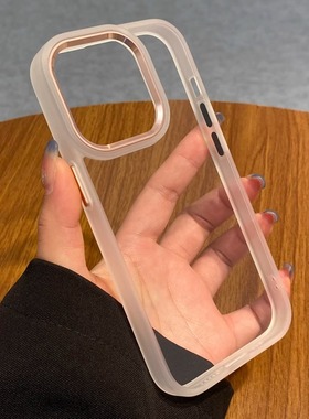 磨砂透白色金属镜框大孔适用16苹果15手机壳14ProMax高级感高清透明亚克力新12/13mini硅胶防摔11保护套XR硬8