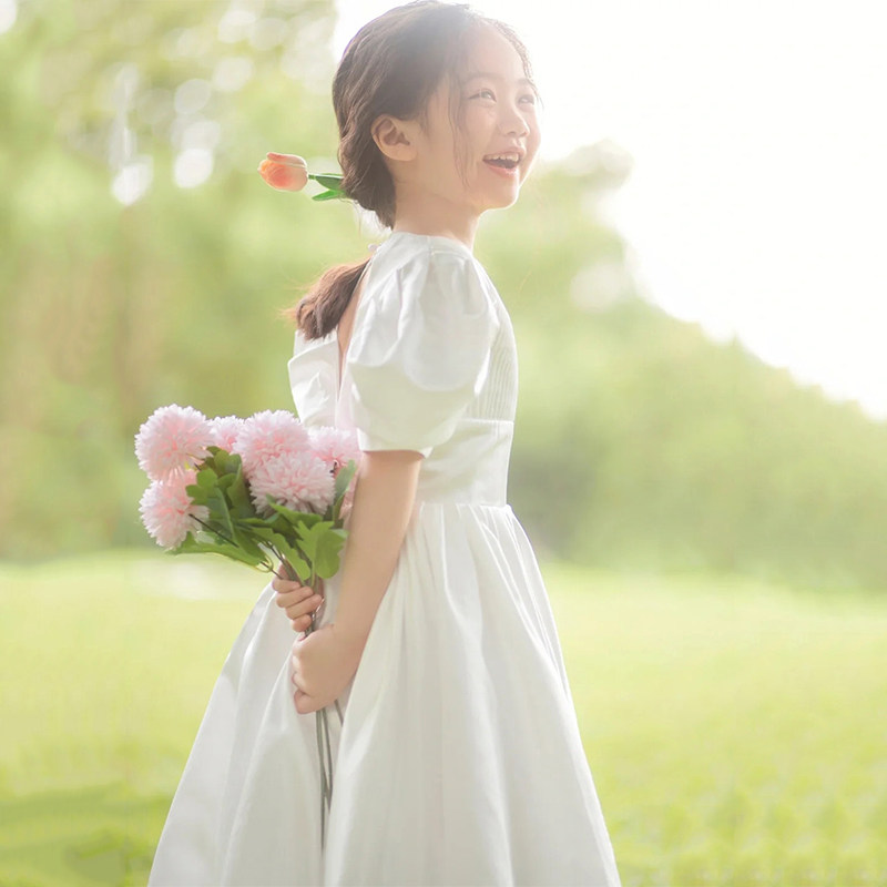 儿童礼服走秀演出小主持人2024新款夏季白色缎面在逃公主裙超仙女