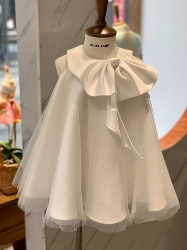 周岁女宝宝女童儿童礼服蝴蝶结白色缎面生日公主裙花童抓周连衣裙