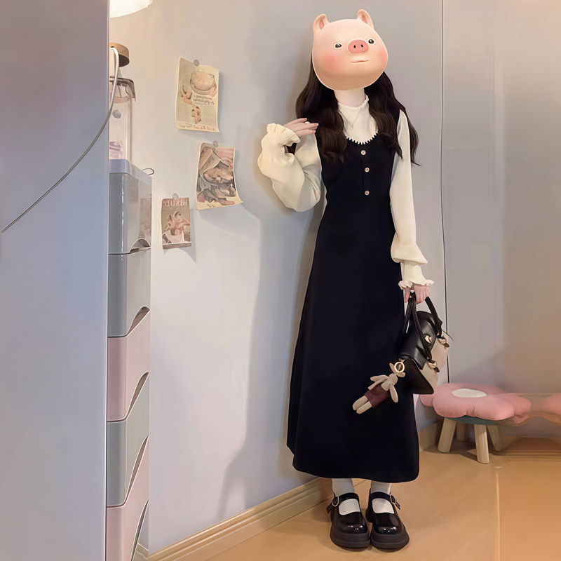 小香风假两件连衣裙秋冬