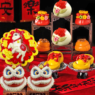 新年发财马馒头礼盒宝宝抓周花糕醒狮花馍纯手工果蔬汁花饽饽送礼