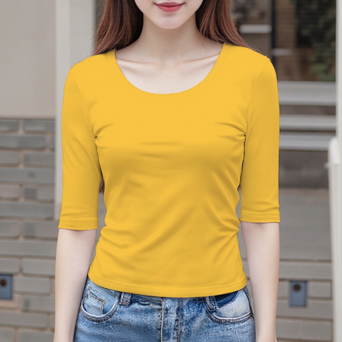 黄色中袖t恤女修身春秋百搭