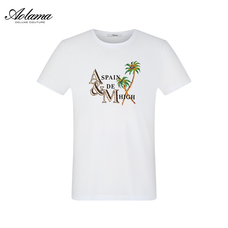 AOLAMA奥拉玛男装夏季刺绣印花修身纯棉圆领短袖T恤080222942
