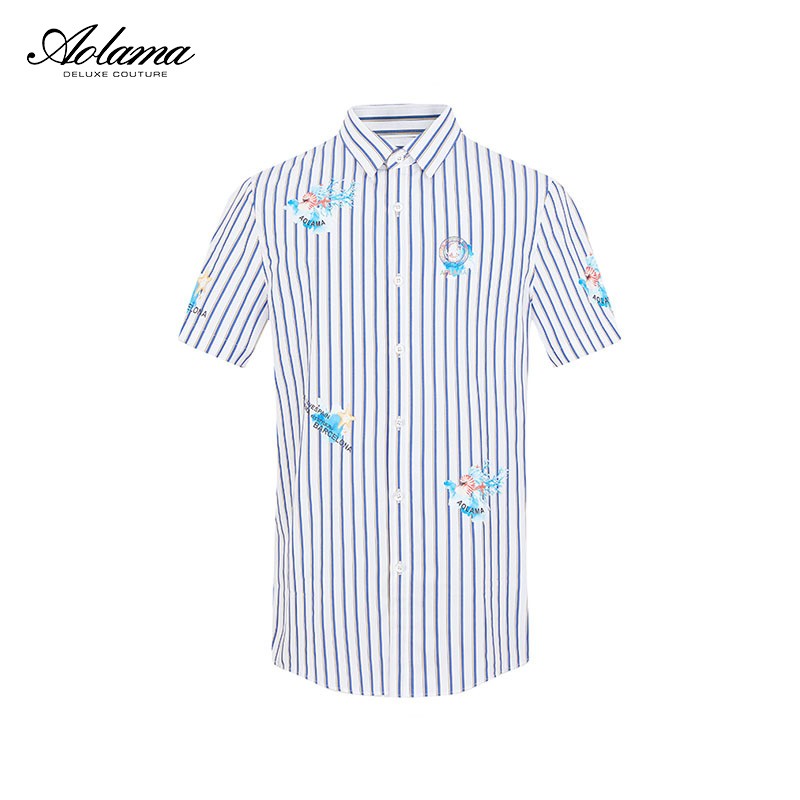 AOLAMA奥拉玛男装夏新款条纹印花潮短袖衬衫080952065