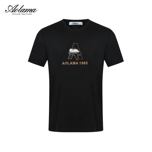 奥拉玛AOLAMA男装新款烫钻刺绣修身休闲圆领短袖T恤080242901