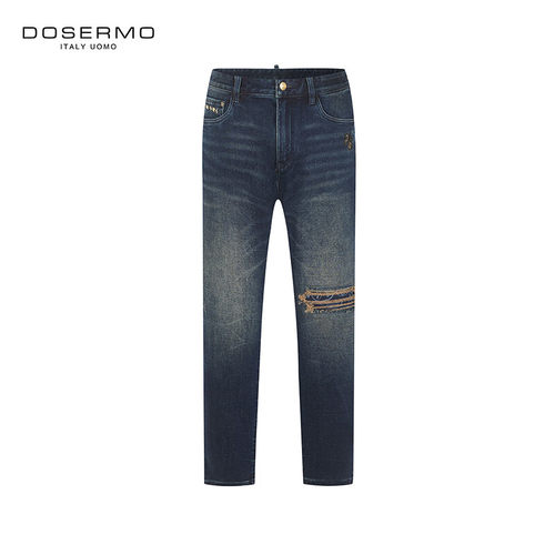 丹西摩（DOSERMO）轻奢男装印花休闲裤子男士修身潮流破洞牛仔裤