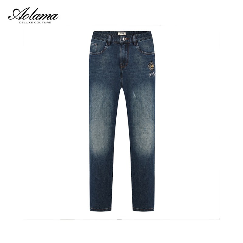 aolama奥拉玛男装秋季轻奢烫钻水洗直筒牛仔裤080543098